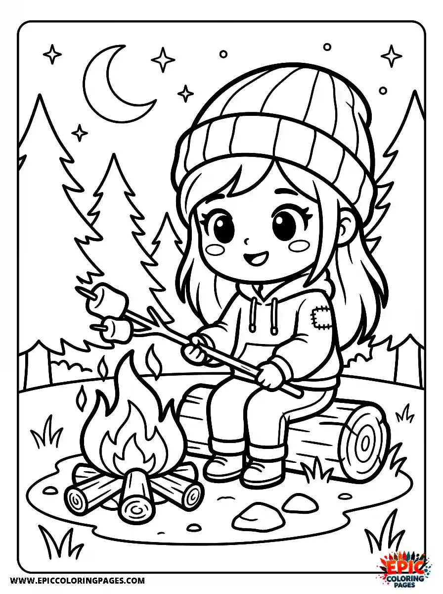 Chibi Girl Curious chibi girl roasting marshmallows over a campfire at night