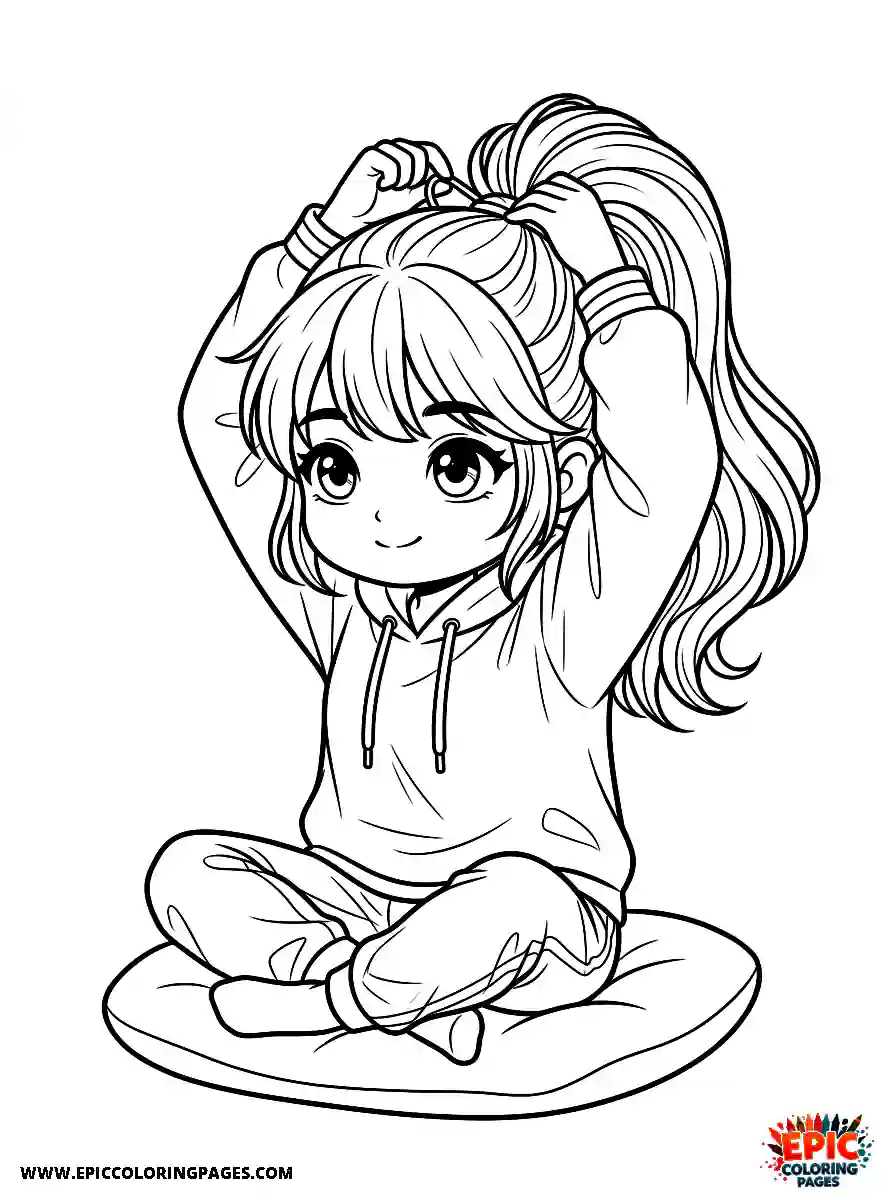 Chibi Girl Curious chibi girl sitting calmly while tying her hair into a ponytail
