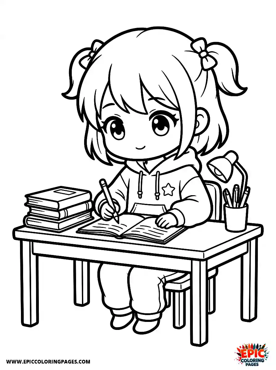 Chibi Girl Curious chibi girl studying and doing homework