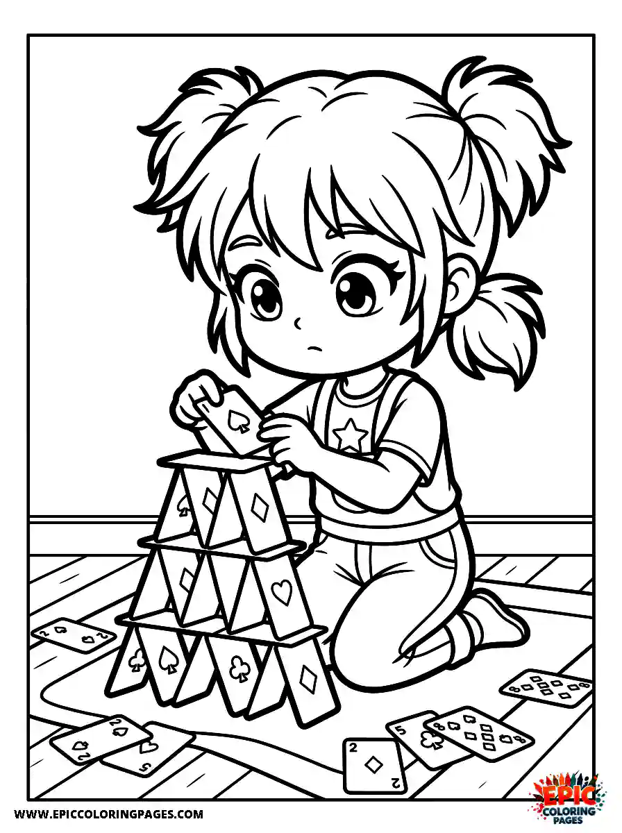 Chibi Girl Cute chibi girl carefully building a card tower