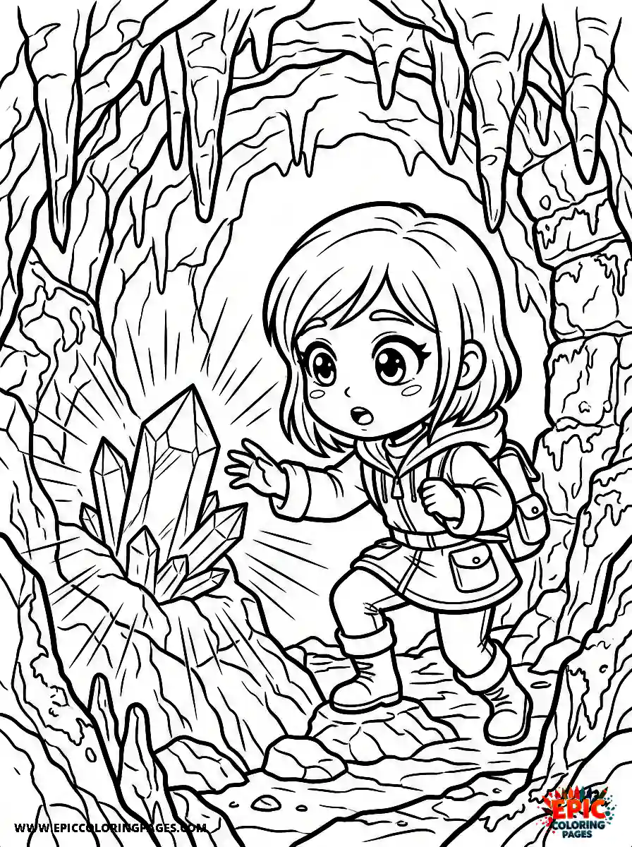 Chibi Girl Cute chibi girl discovering a glowing crystal in a cave with wonder