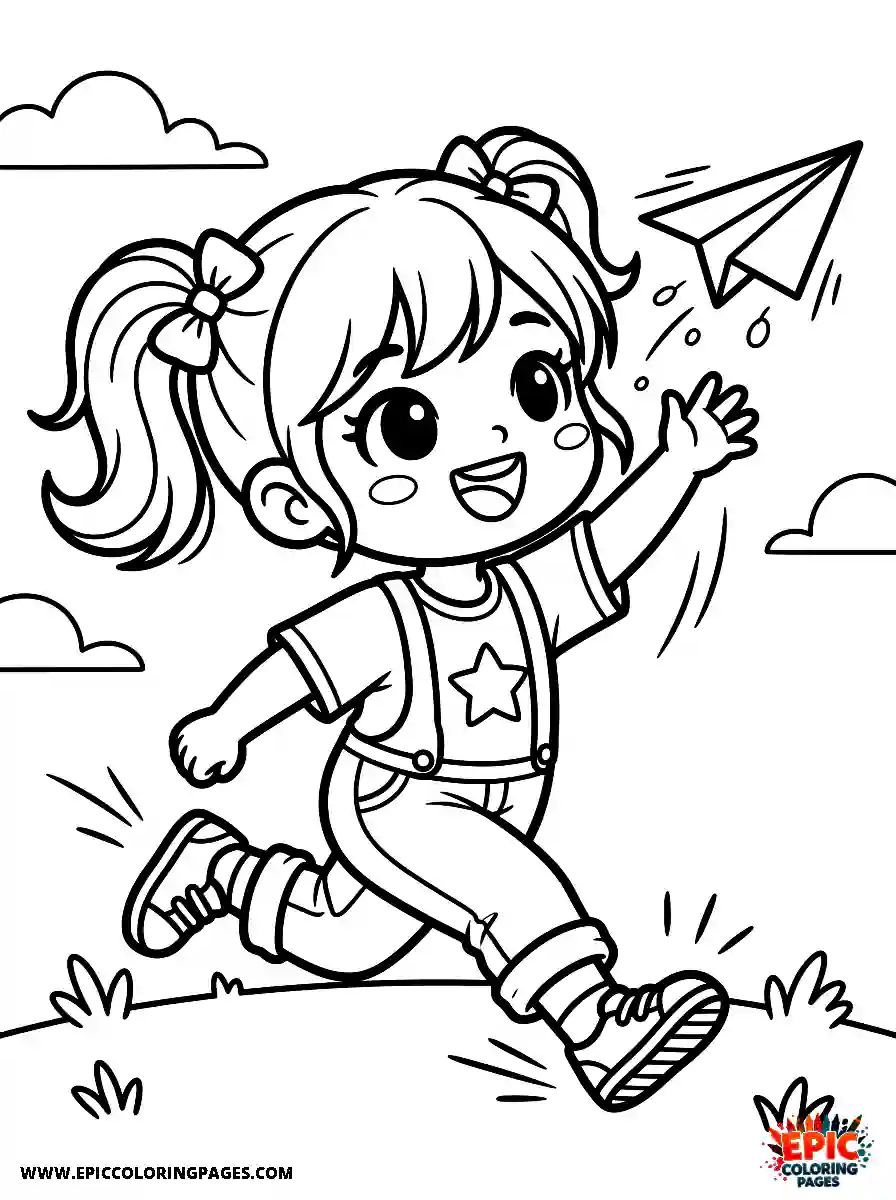 Chibi Girl Cute chibi girl flying a paper airplane while chasing it
