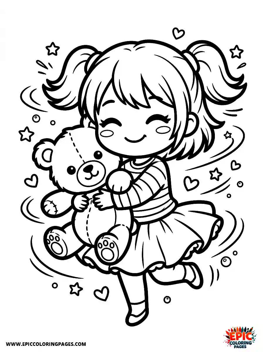 Chibi Girl Cute chibi girl hugging a teddy bear tightly while spinning around happily