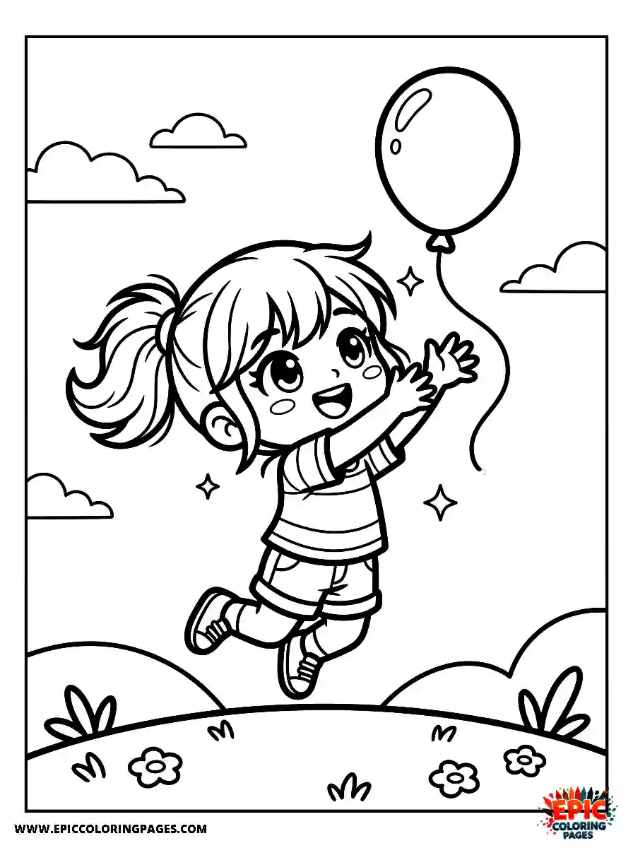 Chibi Girl Cute chibi girl jumping to catch a floating balloon with excitement