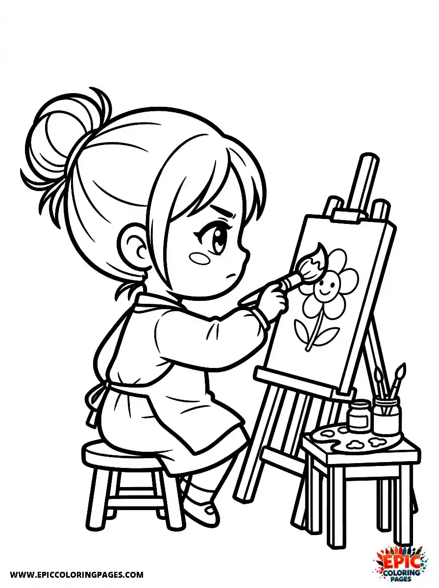 Chibi Girl Cute chibi girl painting on a canvas with a raised brush