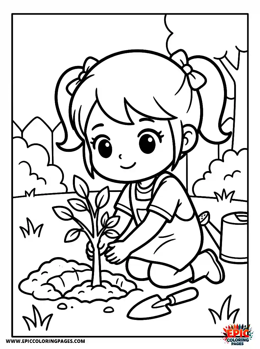 Chibi Girl Cute chibi girl planting a tree seedling in the ground