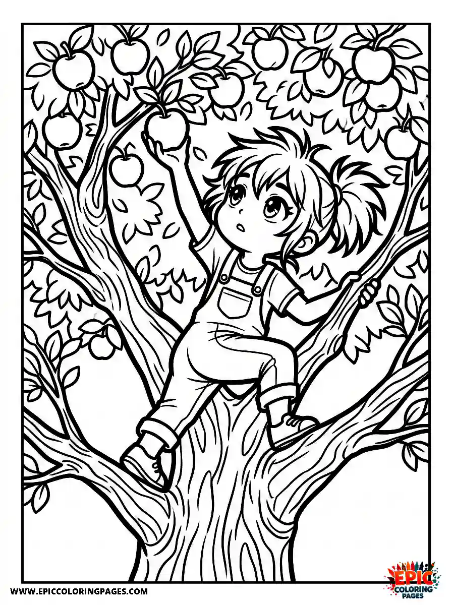 Chibi Girl Cute chibi girl scaling a tree trunk to grab an apple