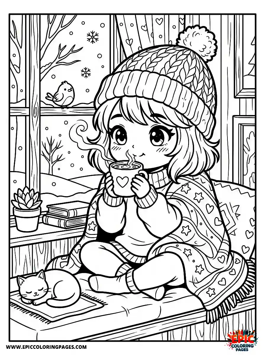 Chibi Girl Cute chibi girl sipping hot chocolate while wrapped in a blanket by a window
