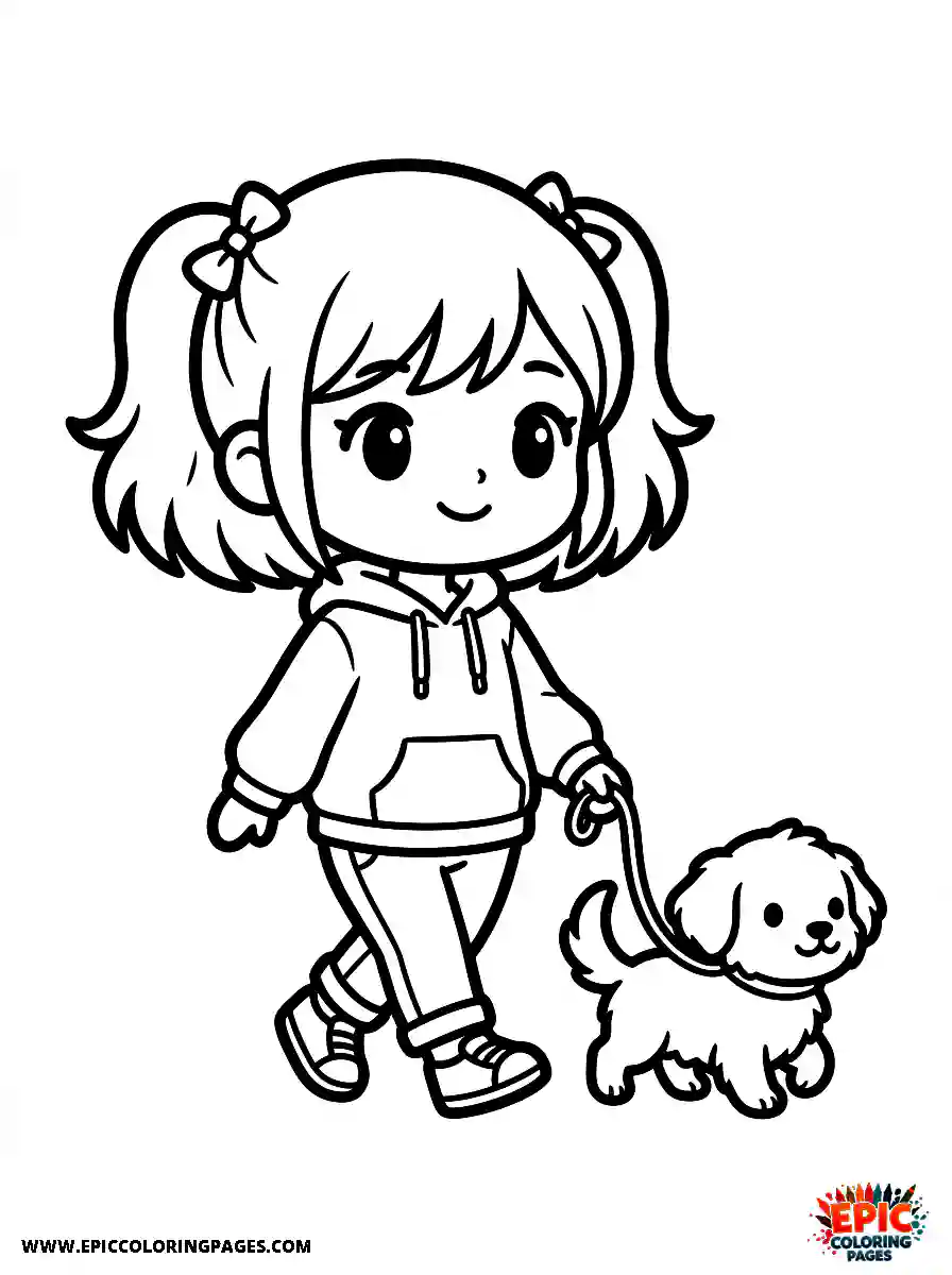Chibi Girl Cute chibi girl strolling outside happily while walking her dog