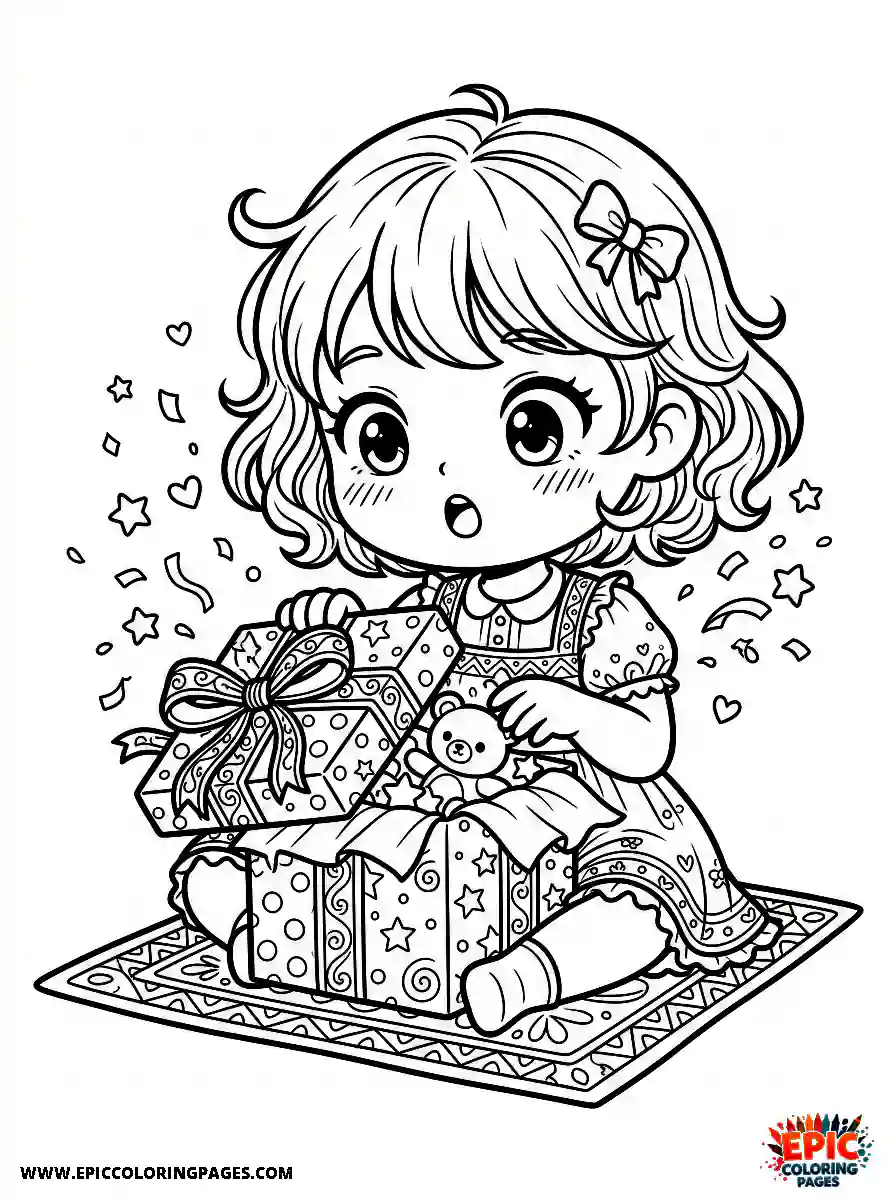Chibi Girl Cute chibi girl unboxing a present with a look of surprise