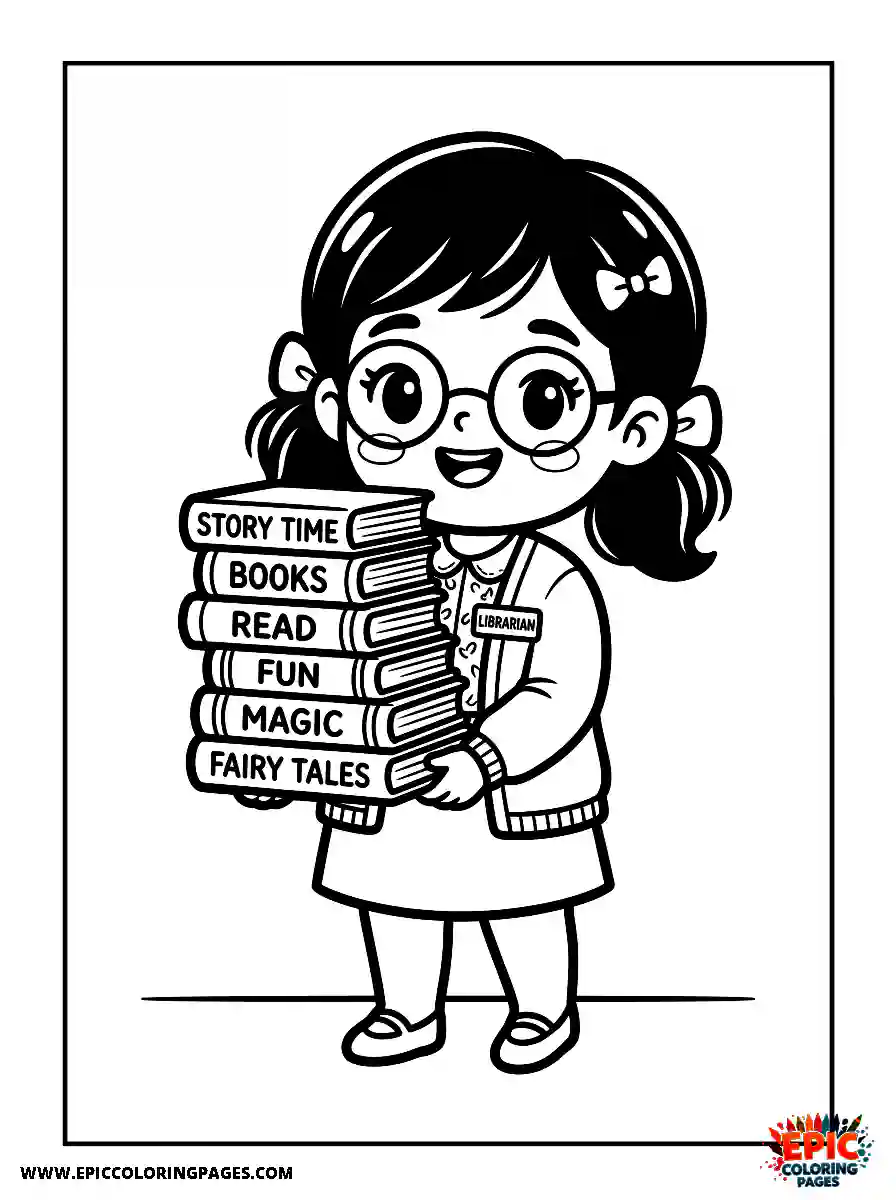 Chibi Girl Cute chibi girl working as a librarian with stacked books