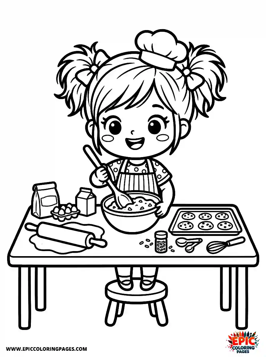 Chibi Girl Friendly chibi girl baking cookies in a home kitchen
