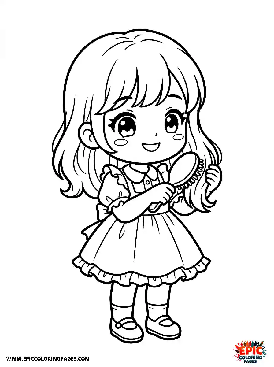 Chibi Girl Friendly chibi girl brushing her hair while smiling