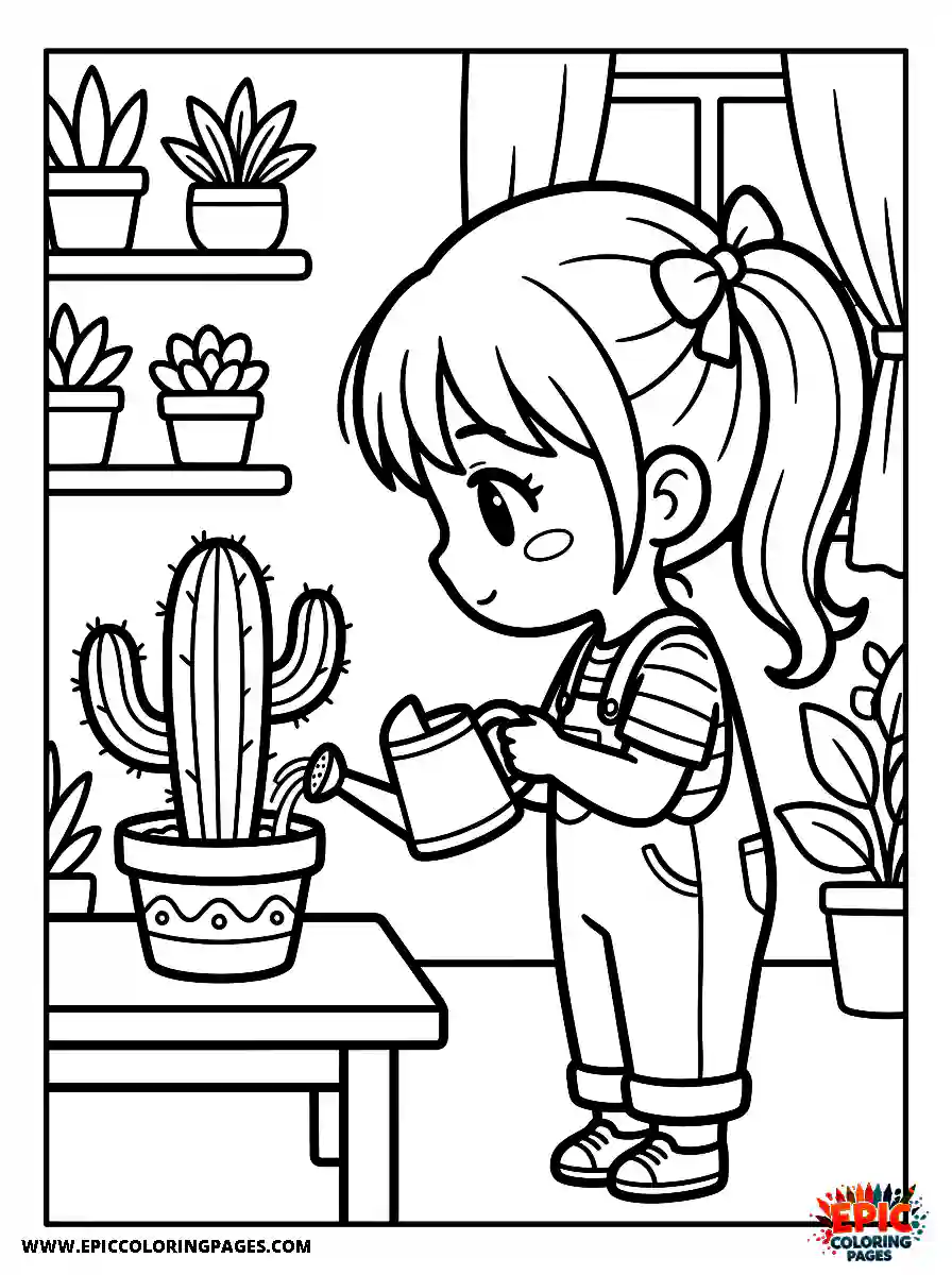 Chibi Girl Friendly chibi girl carefully watering a potted cactus