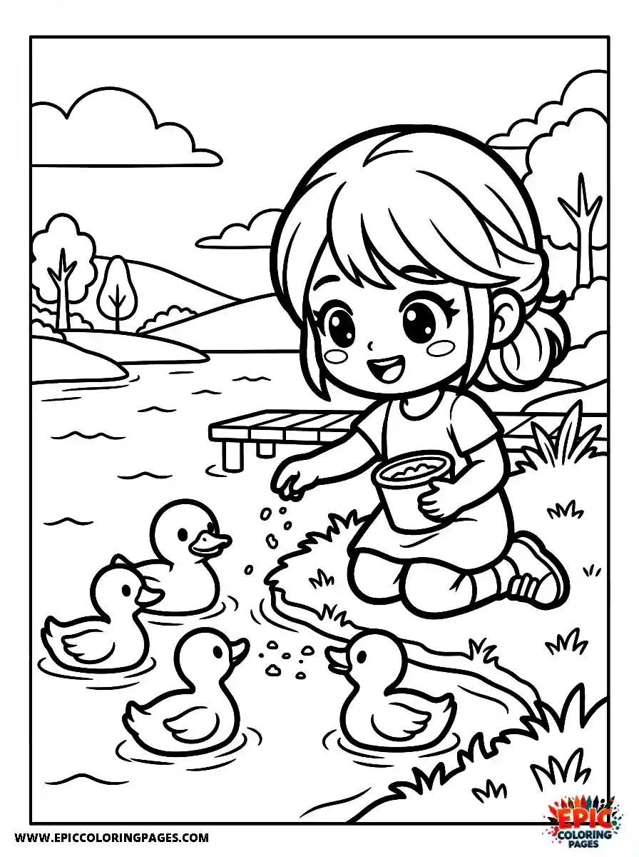 Chibi Girl Friendly chibi girl feeding ducks by a peaceful lake