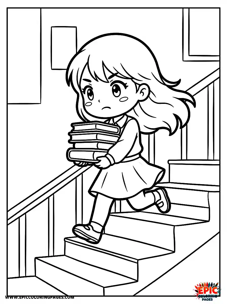 Chibi Girl Friendly chibi girl hurrying and climbing stairs while holding books