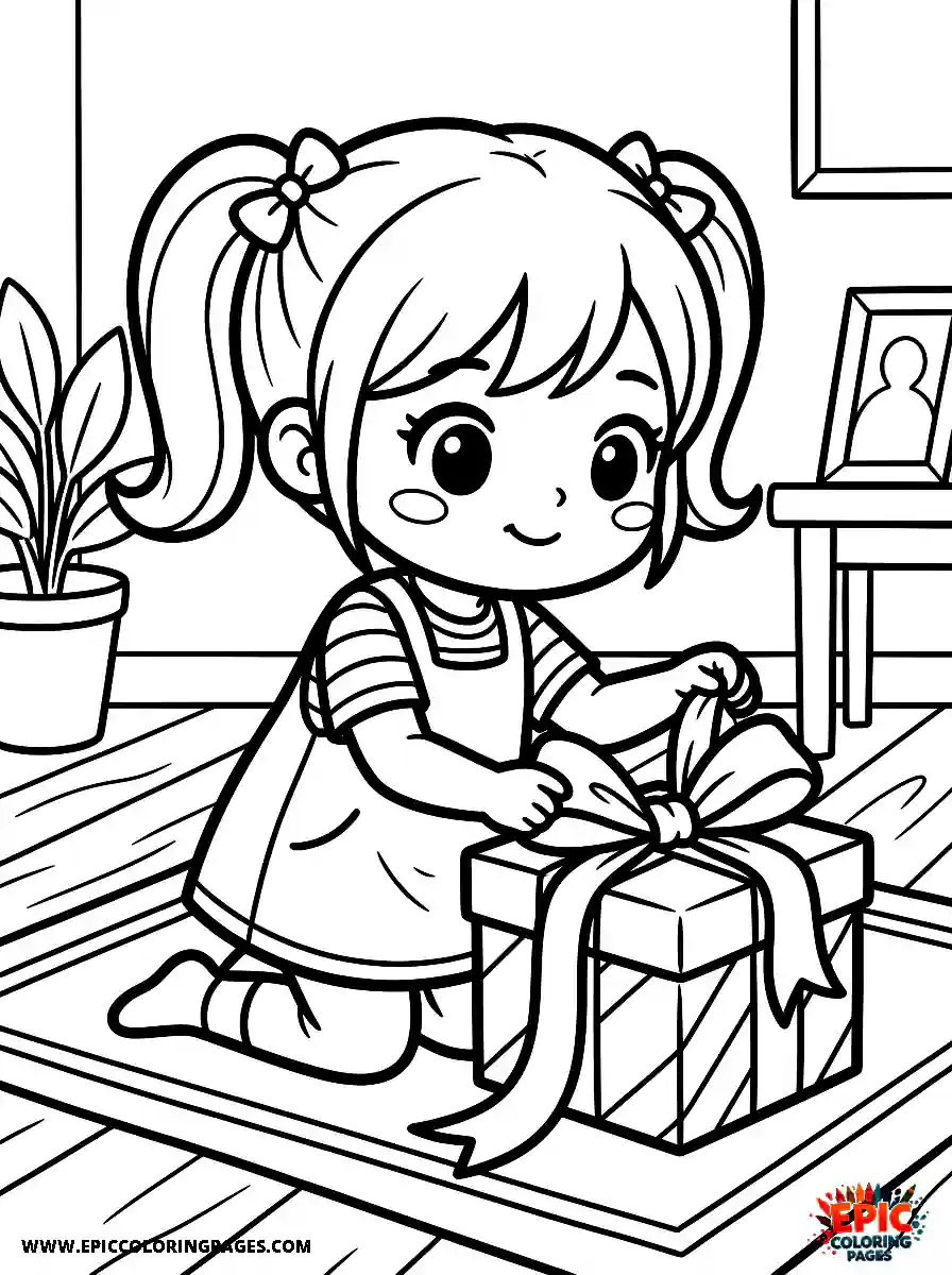 Chibi Girl Friendly chibi girl kneeling to tie a ribbon on a present