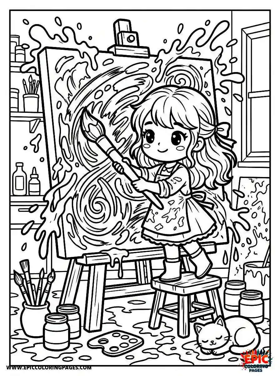 Chibi Girl Friendly chibi girl painting on a large canvas with splashes of paint
