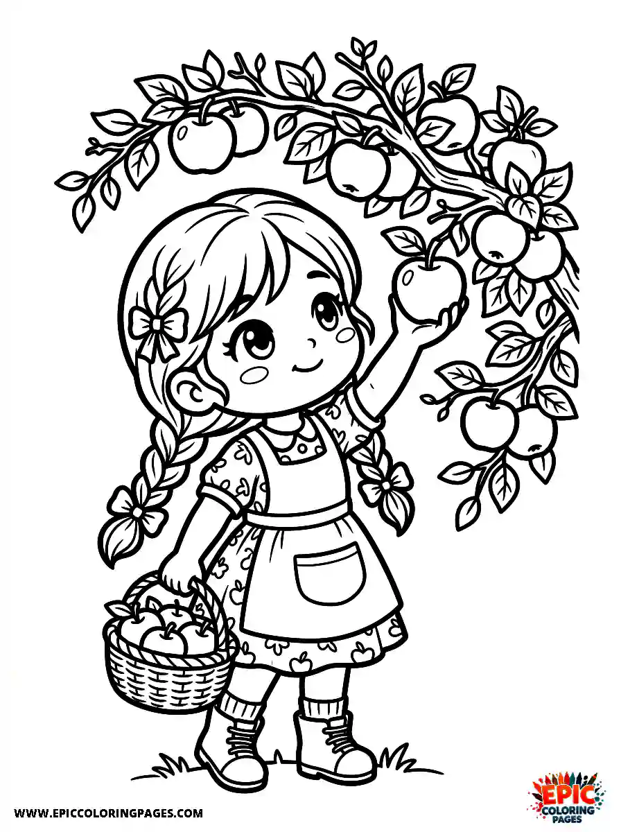 Chibi Girl Friendly chibi girl picking fresh apples from a tree