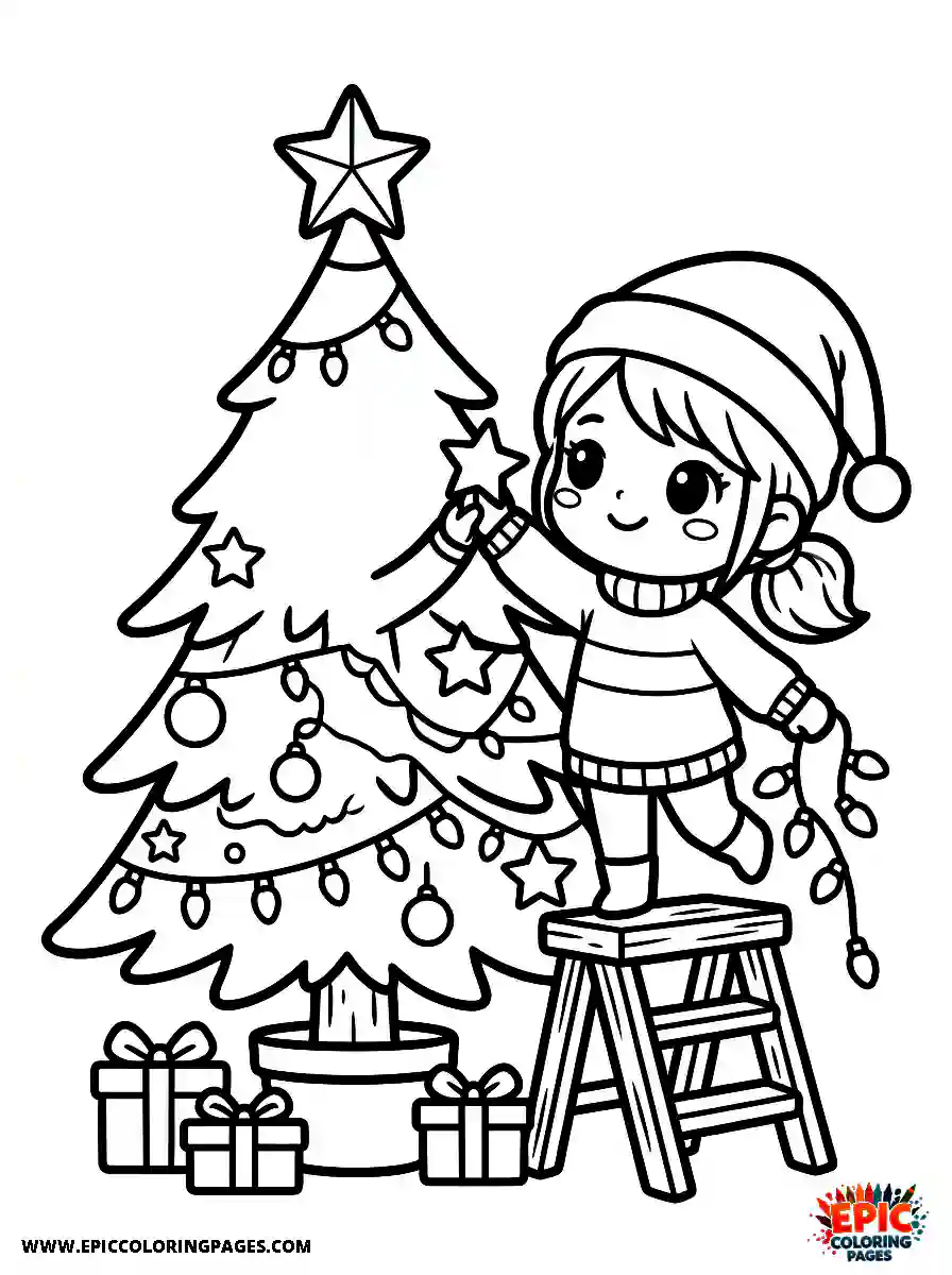 Chibi Girl Friendly chibi girl putting ornaments on a christmas tree