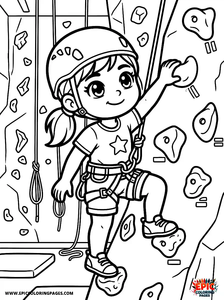 Chibi Girl Friendly chibi girl rock climbing an indoor wall with a harness