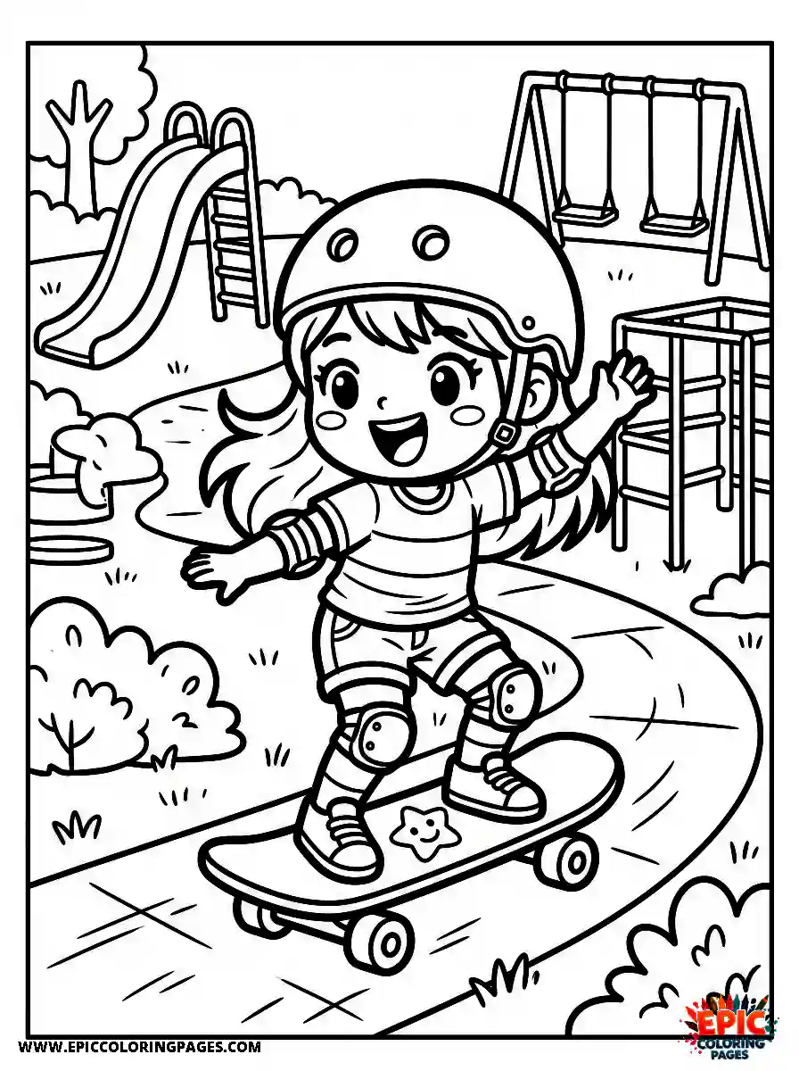 Chibi Girl Friendly chibi girl skateboarding through a playground