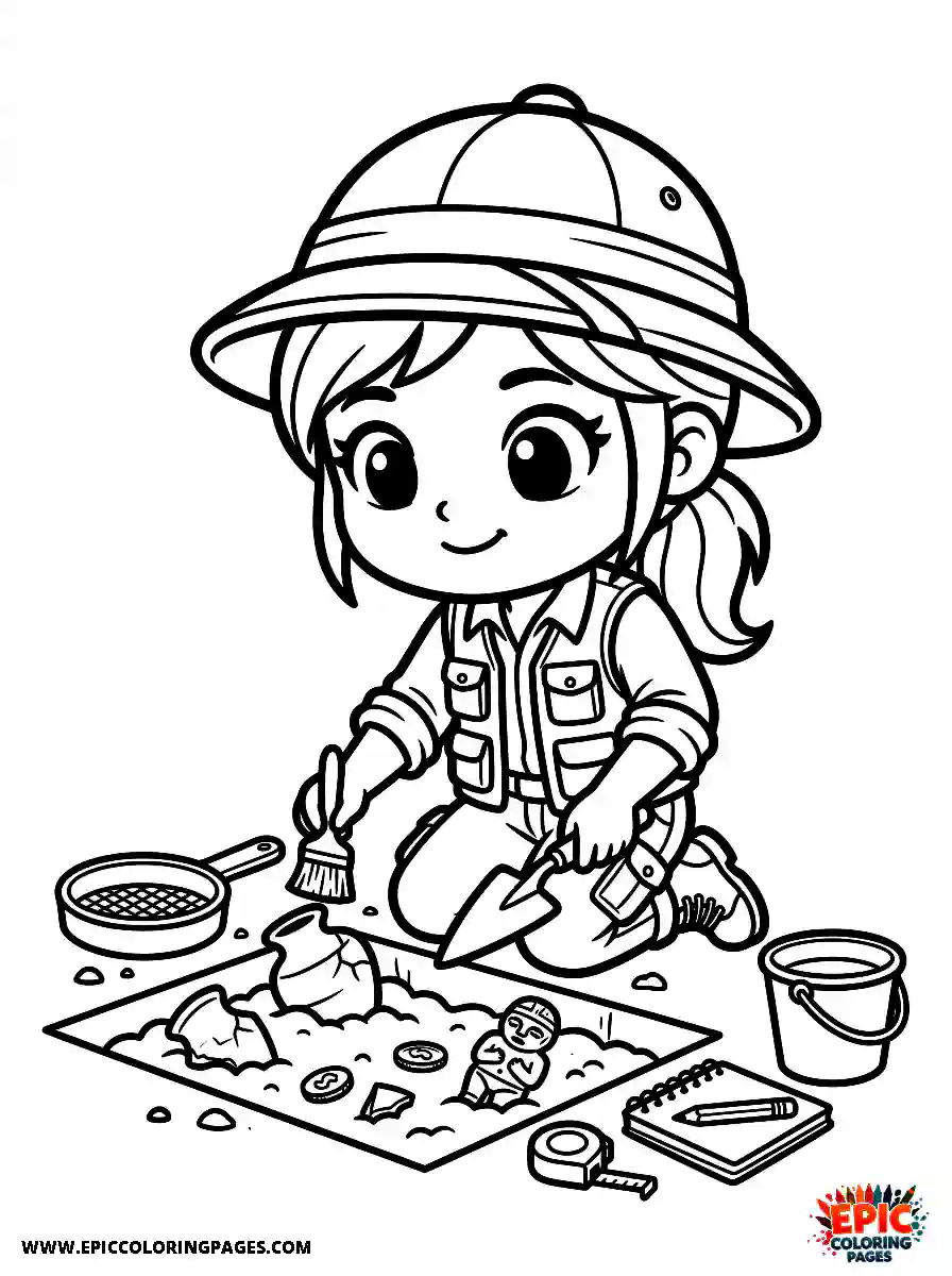 Chibi Girl Friendly chibi girl working as an archaeologist digging for artifacts