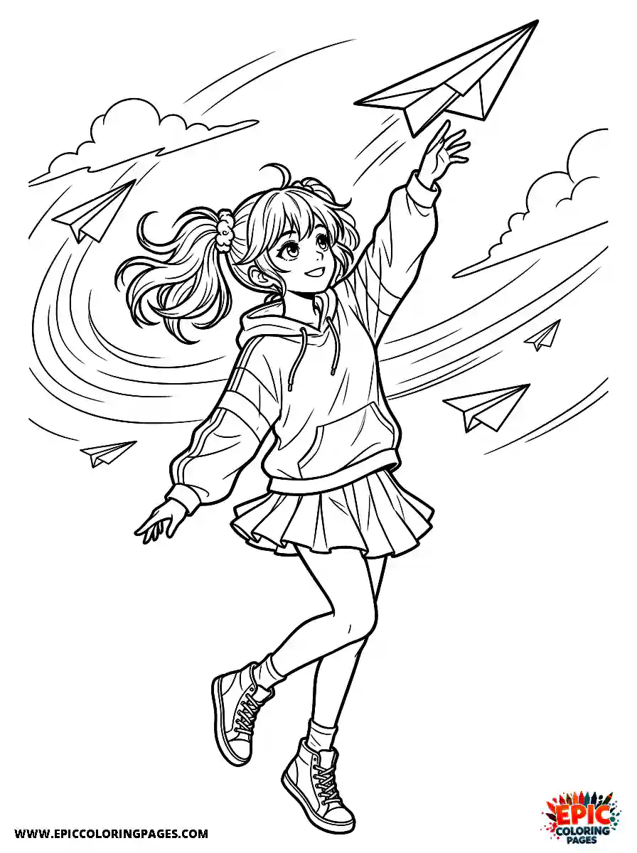 Anime Girl A fun anime girl tossing a paper airplane upward with a joyful expression simple line art