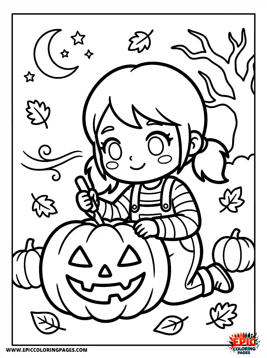 Chibi Girl Funny chibi girl crafting a festive jack o lantern with a spooky face