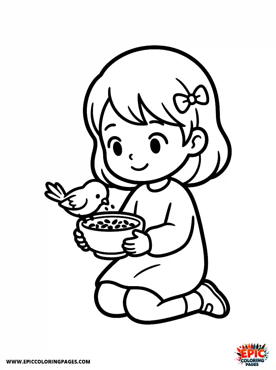 Chibi Girl Funny chibi girl offering tasty seeds to friendly little birds