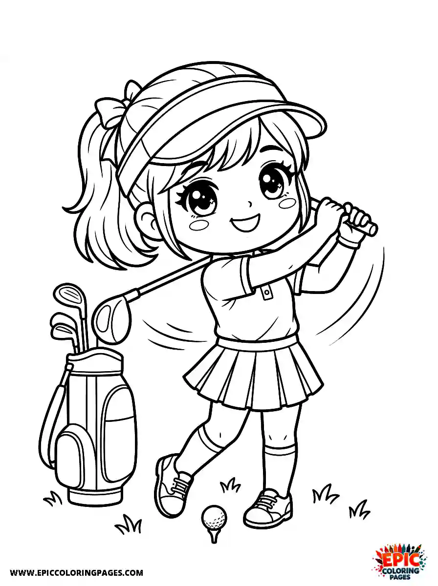 Chibi Girl Funny chibi girl playing golf on a green course