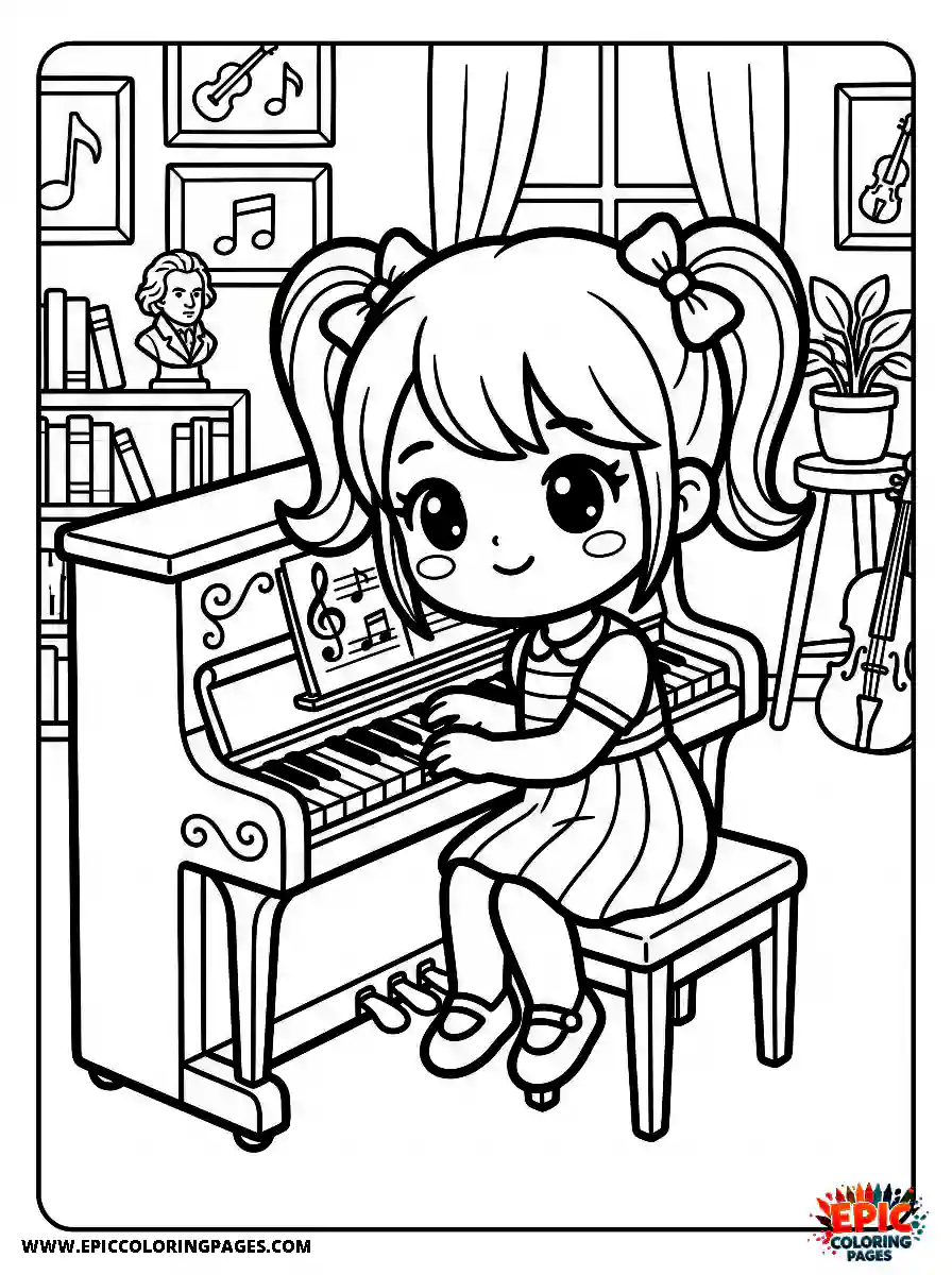 Chibi Girl Funny chibi girl playing the piano in an adorable music room