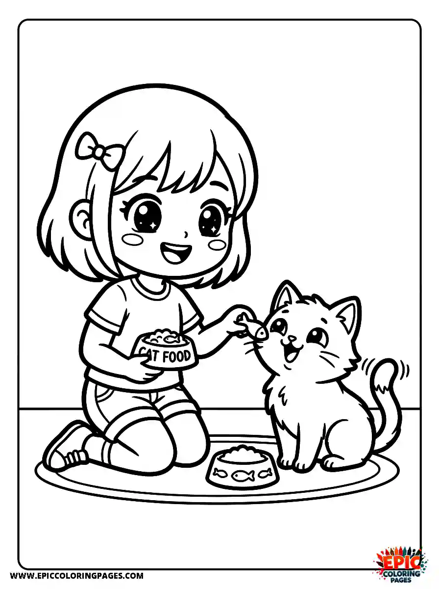 Chibi Girl Funny chibi girl pouring food into a bowl for a hungry cat