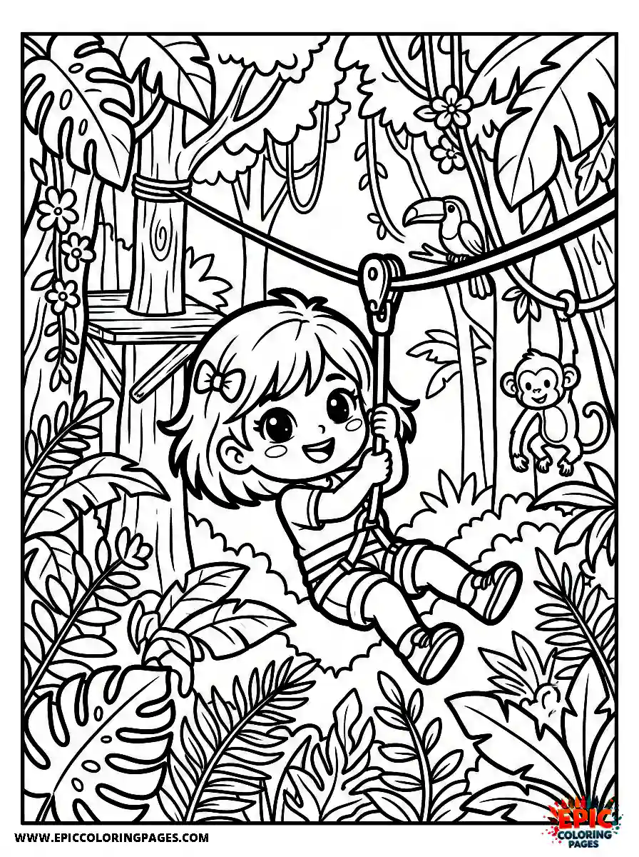 Chibi Girl Funny chibi girl riding a zipline through the jungle
