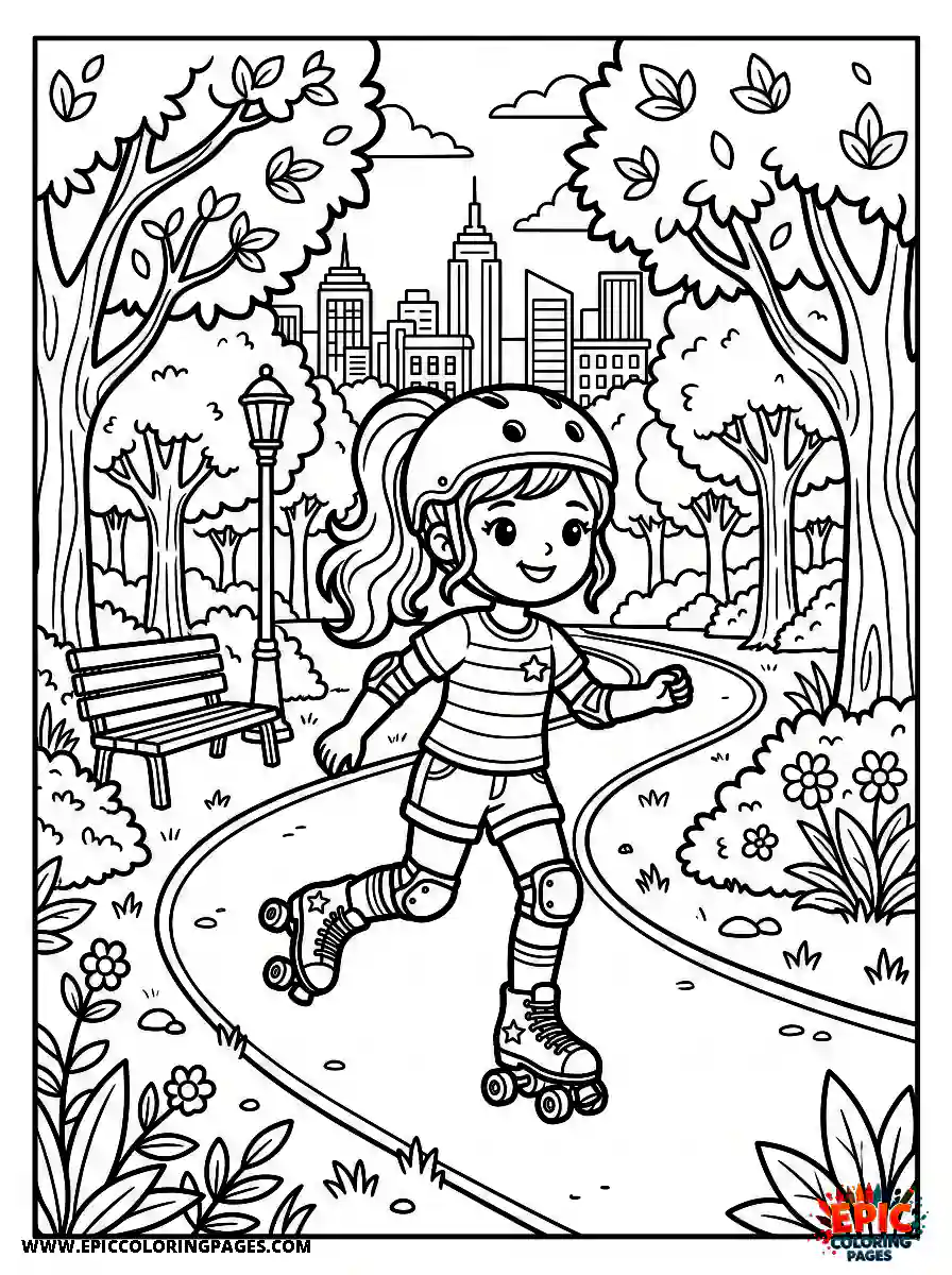 Chibi Girl Funny chibi girl roller skating through a city park path