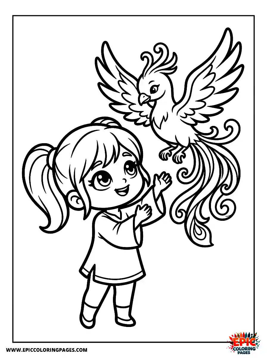 Chibi Girl Funny chibi girl standing next to a mythical phoenix bird
