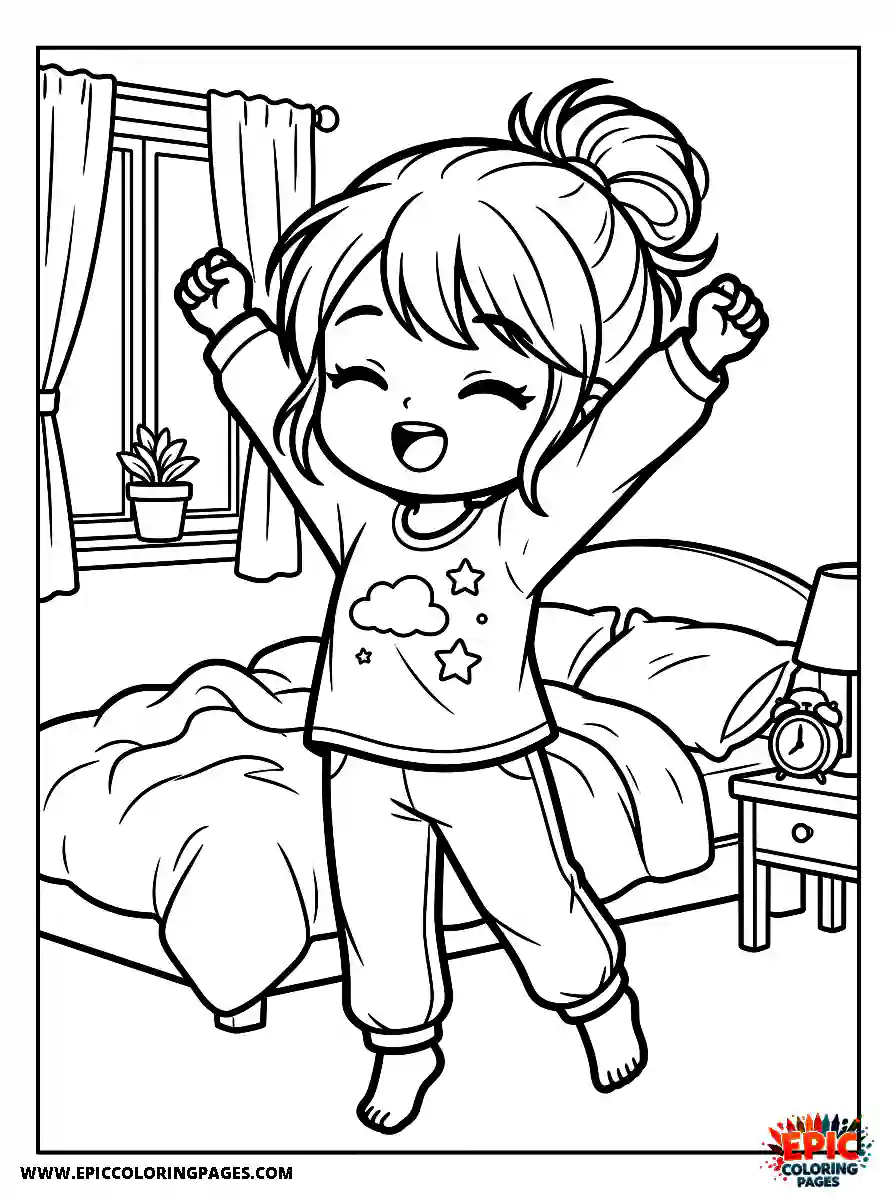 Chibi Girl Funny chibi girl stretching her arms upward after waking up
