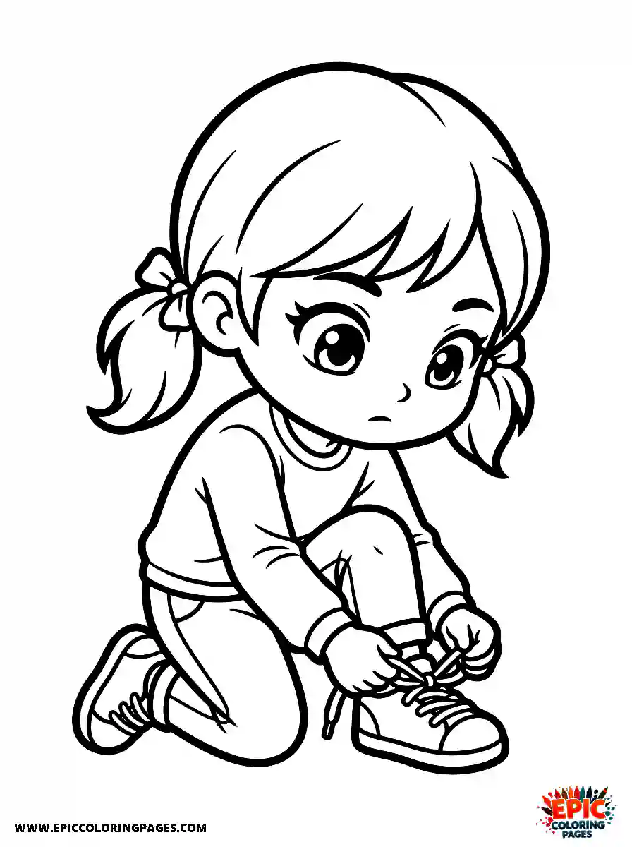 Chibi Girl Funny chibi girl tying her shoelaces with a focused expression while kneeling