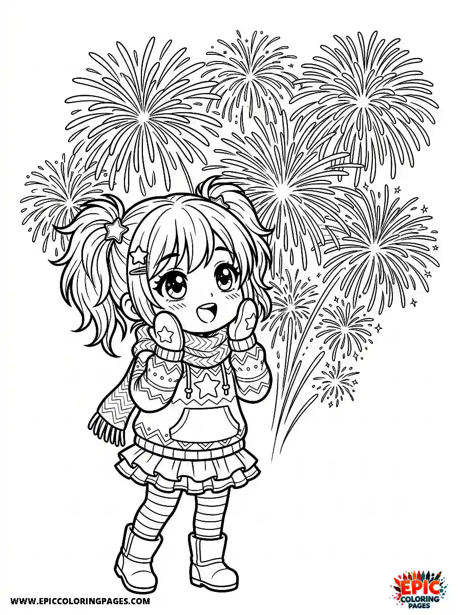 Chibi Girl Funny chibi girl watching bright fireworks in the sky