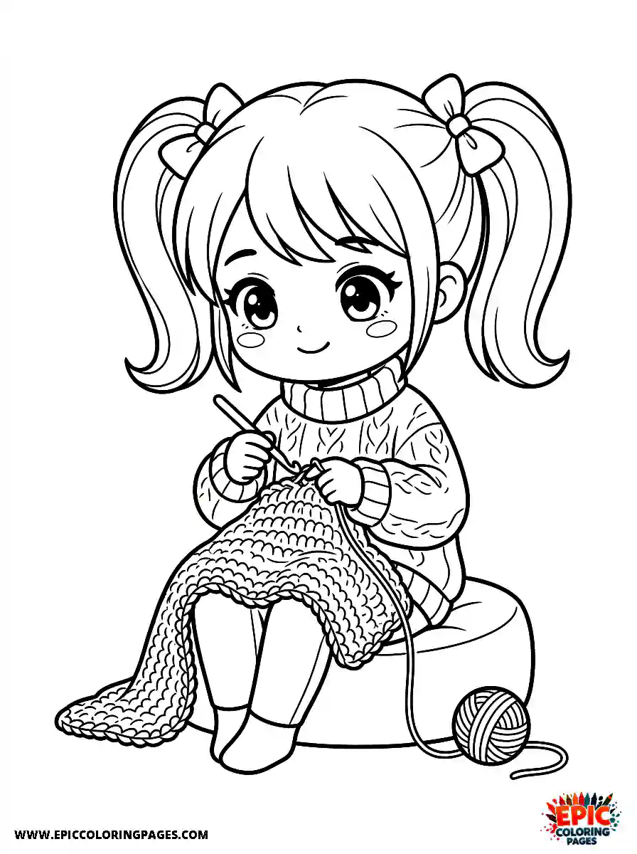 Chibi Girl Funny chibi girl weaving a cozy blanket