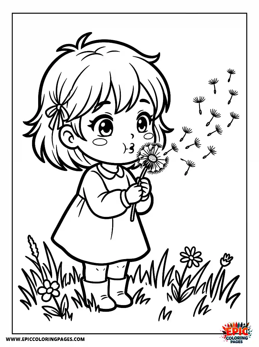 Chibi Girl Happy chibi girl blowing on a dandelion while releasing seeds