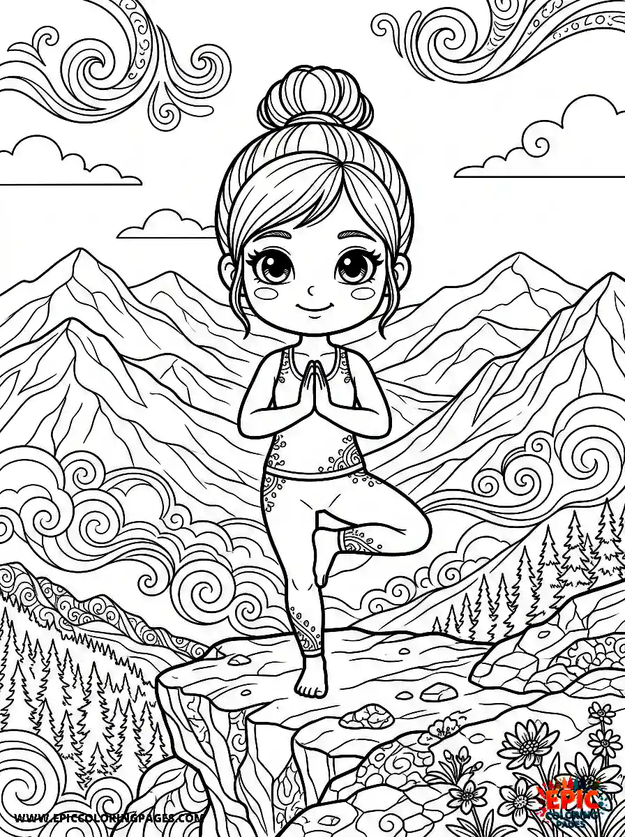 Chibi Girl Happy chibi girl doing yoga poses on a mountain cliff