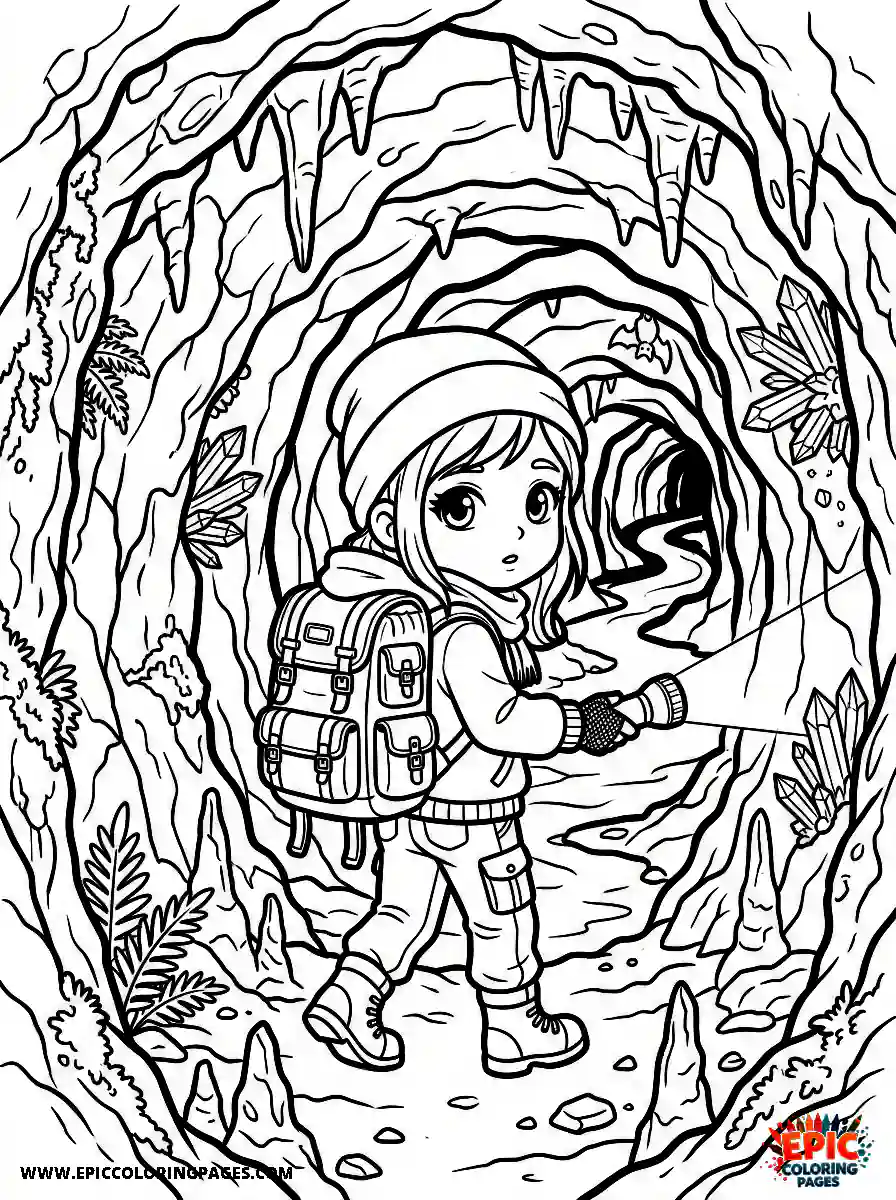 Chibi Girl Happy chibi girl exploring a dark cave with a flashlight and a backpack