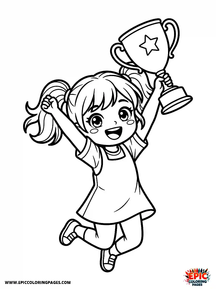 Chibi Girl Happy chibi girl jumping in excitement while holding a trophy