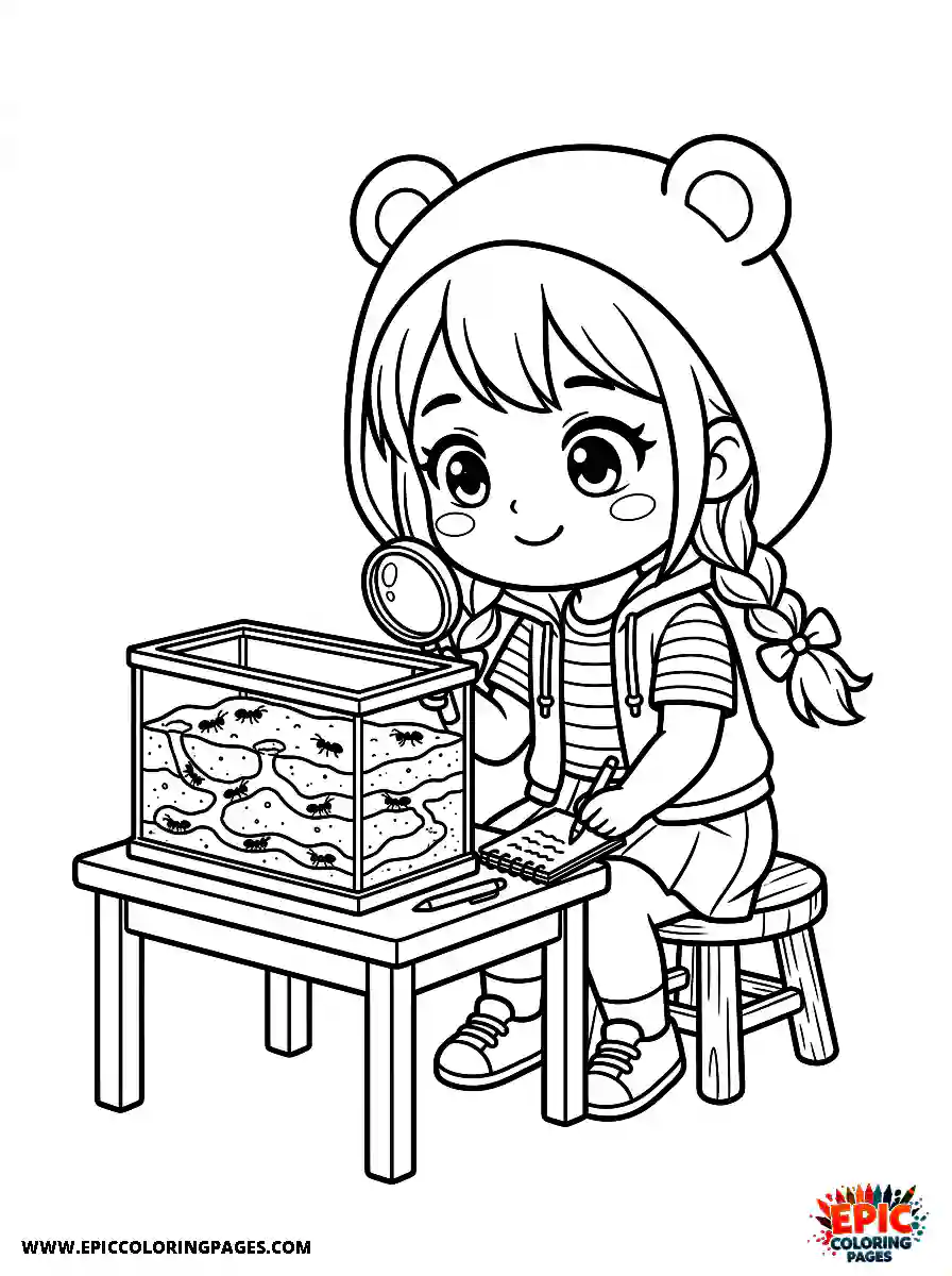 Chibi Girl Happy chibi girl looking closely at an ant farm
