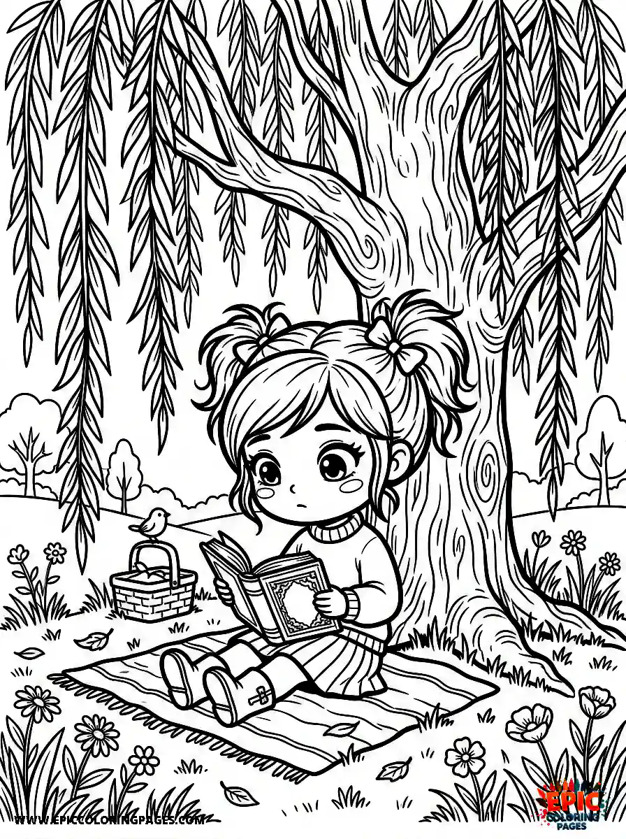 Chibi Girl Happy chibi girl reading a book under a willow tree