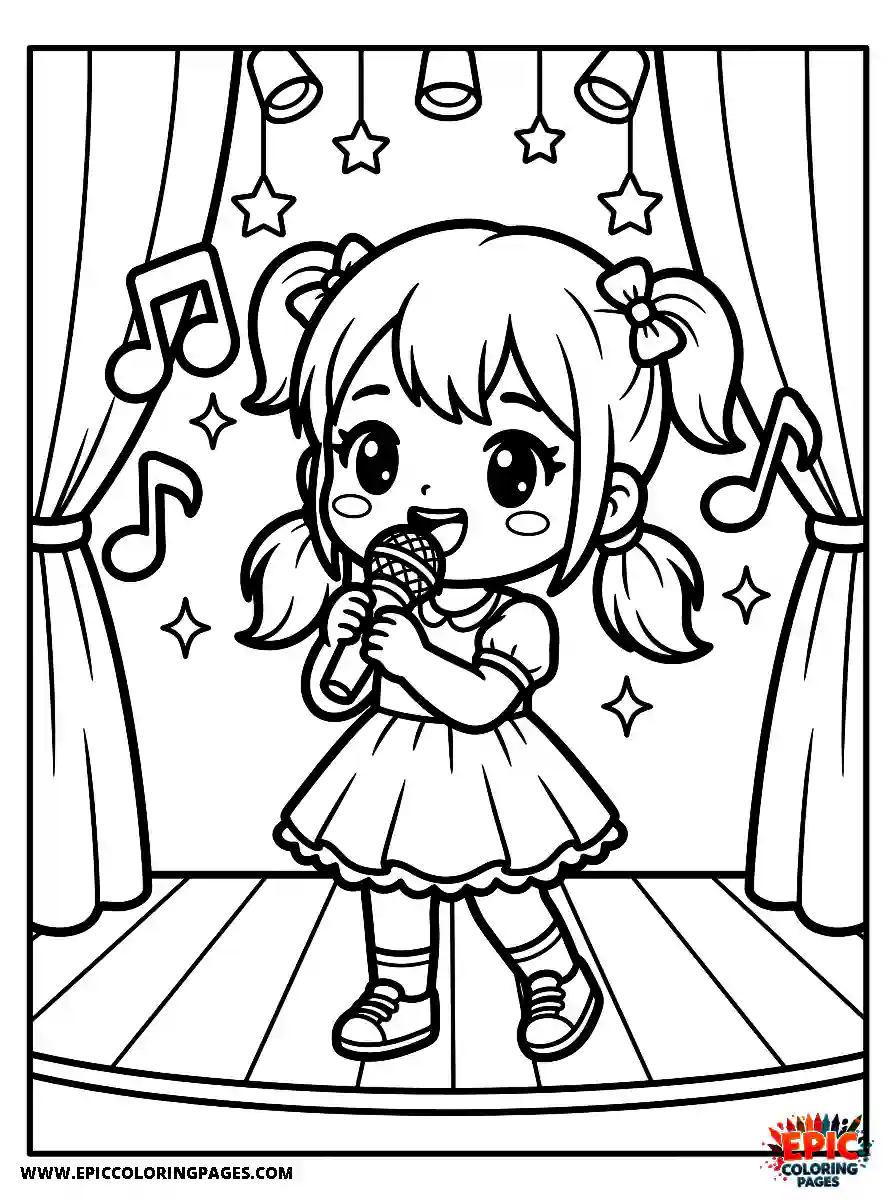 Chibi Girl Happy chibi girl singing karaoke with a microphone on stage