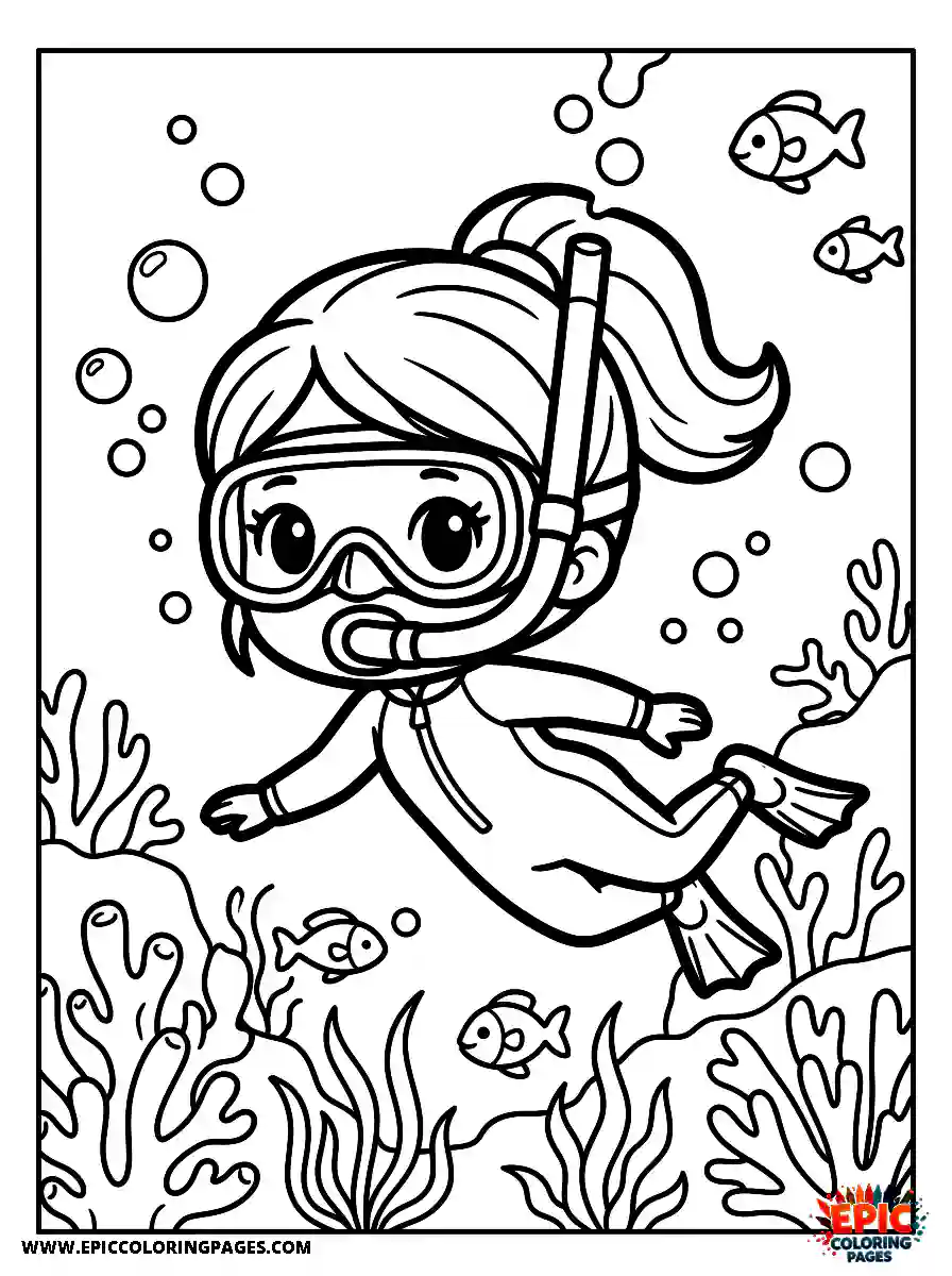 Chibi Girl Happy chibi girl snorkeling underwater among fishes