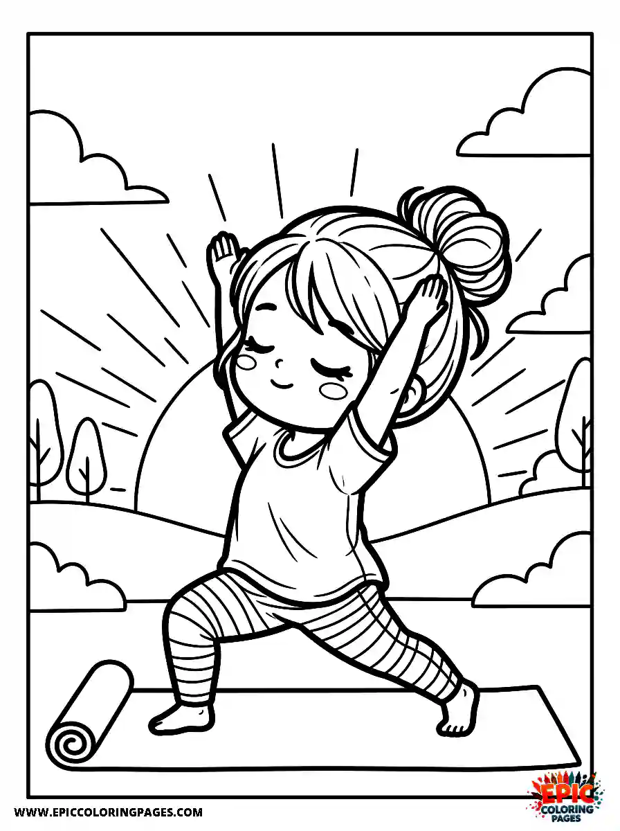 Chibi Girl Happy chibi girl stretching in a morning sunrise yoga pose