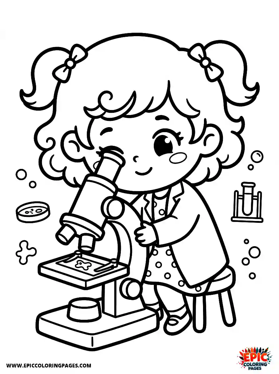 Chibi Girl Happy chibi girl using a microscope in a lab